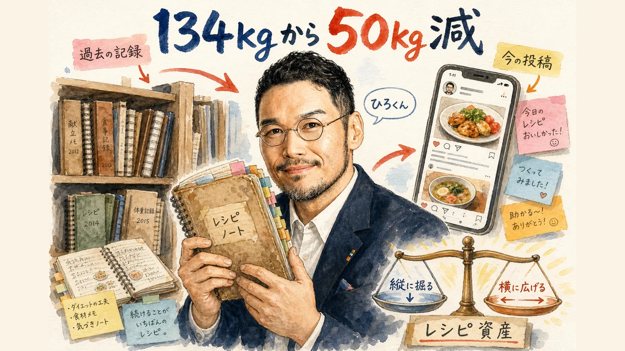 134kgから50kg痩せた経験がレシピブログという資産になっているというひろくんの原点エピソードを描いた和モダングラレコ