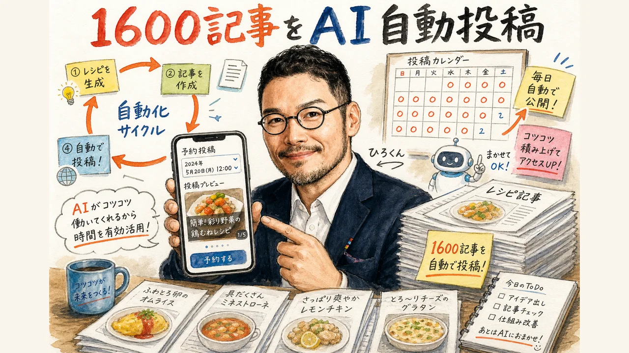 眠っていた1600記事のレシピブログをAIが自動でカルーセル投稿に変えていく仕組みを描いた和モダングラレコ