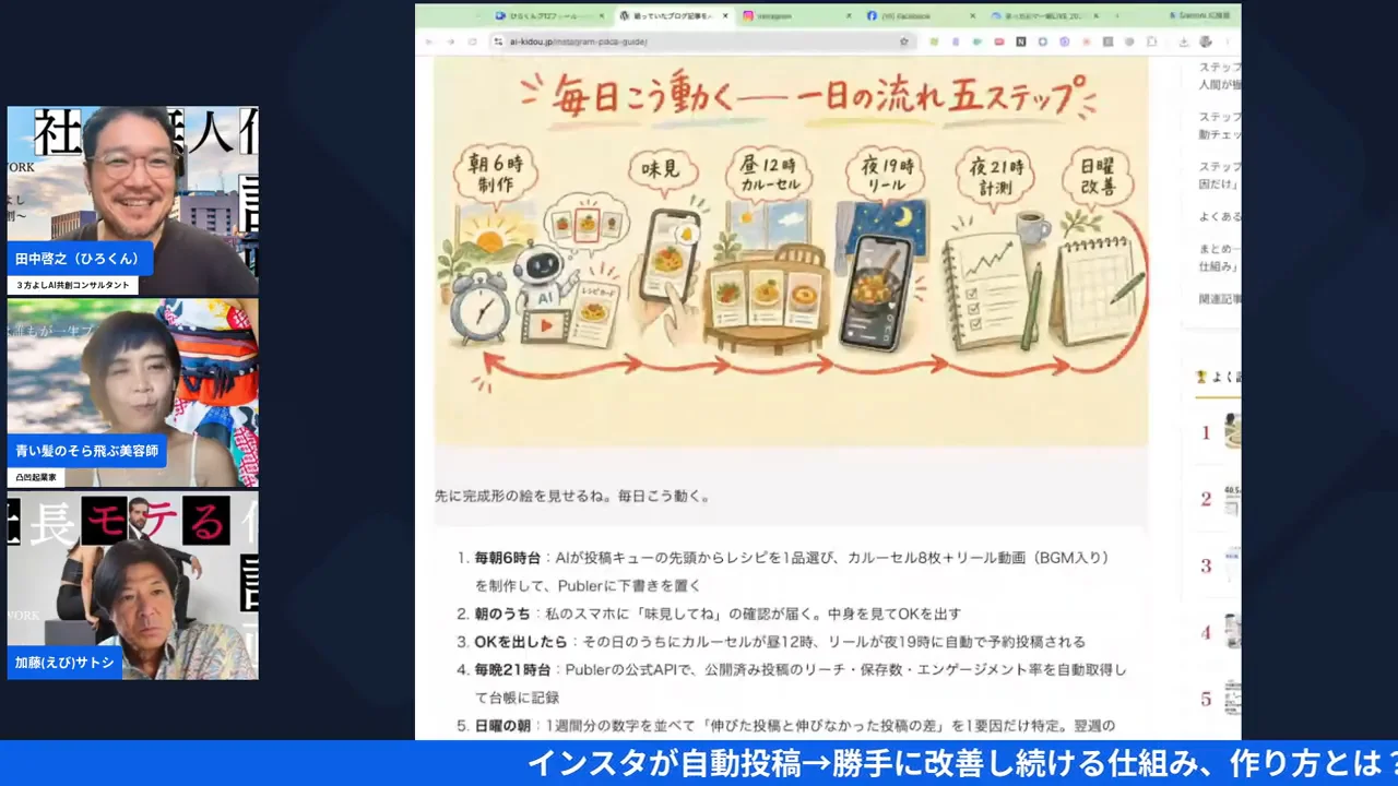 まっちんぐー朝LIVE配信のスクリーンショット、ひろくんが自動化ワークフローの図解を画面共有しながら話す場面