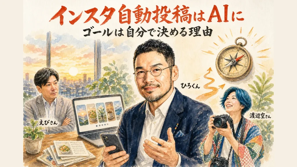 インスタ自動投稿はAIに、ゴールは自分で決める理由の全体図解。ひろくん・えびさん・渡辺空さんが登場する和モダングラレコ