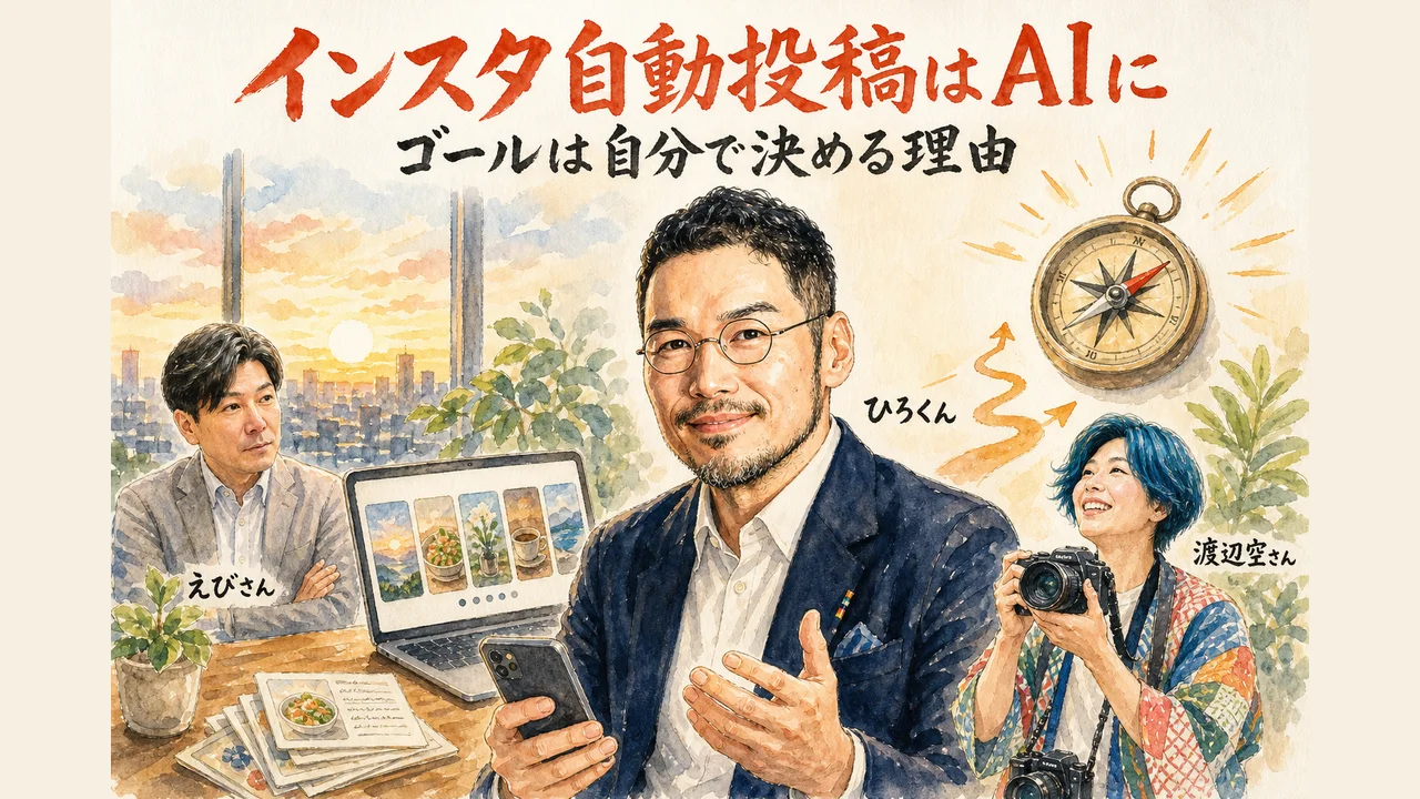 インスタ自動投稿の仕組みと、人が決めるゴール設定の線引きを示す図解