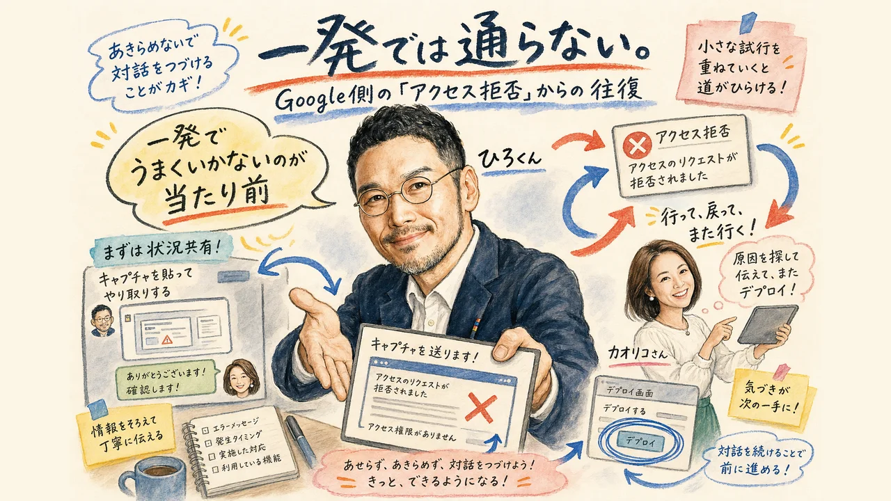 一発では通らない——Google側のアクセス拒否からの往復の図解