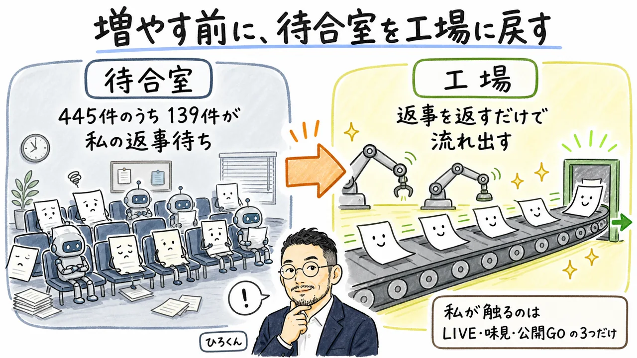 増やす前に待合室を工場に戻す。445件のうち139件が返事待ちで止まっていたことを示す対比図