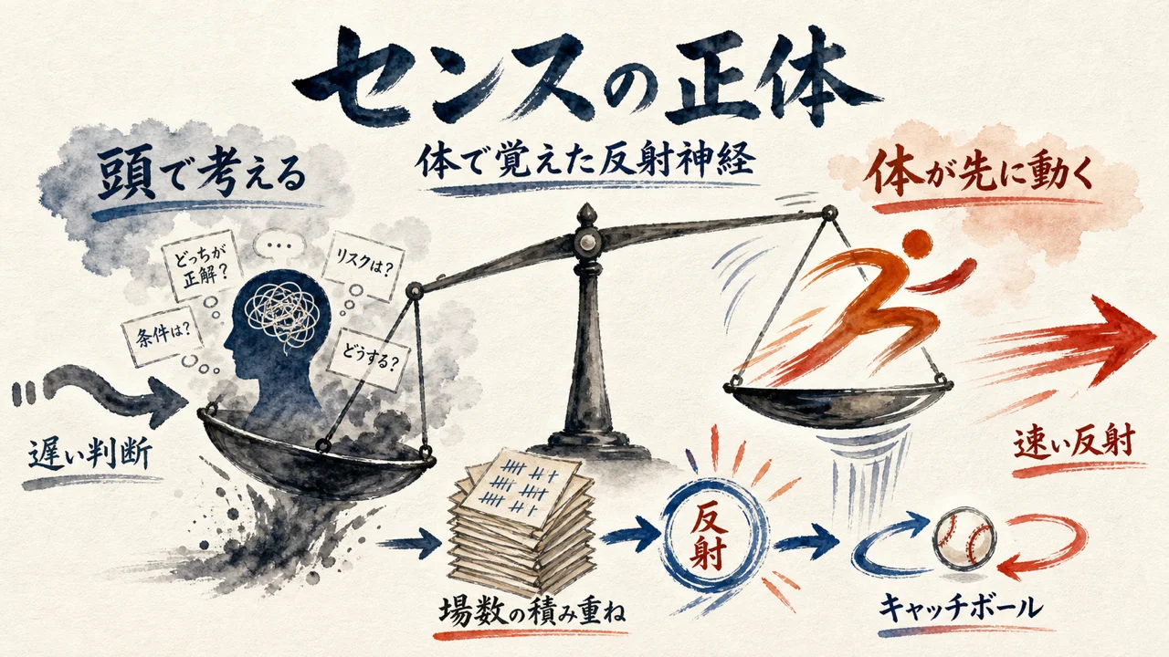 センスの正体は体で覚えた反射神経——頭で考える判断と体が先に動く判断の対比図解