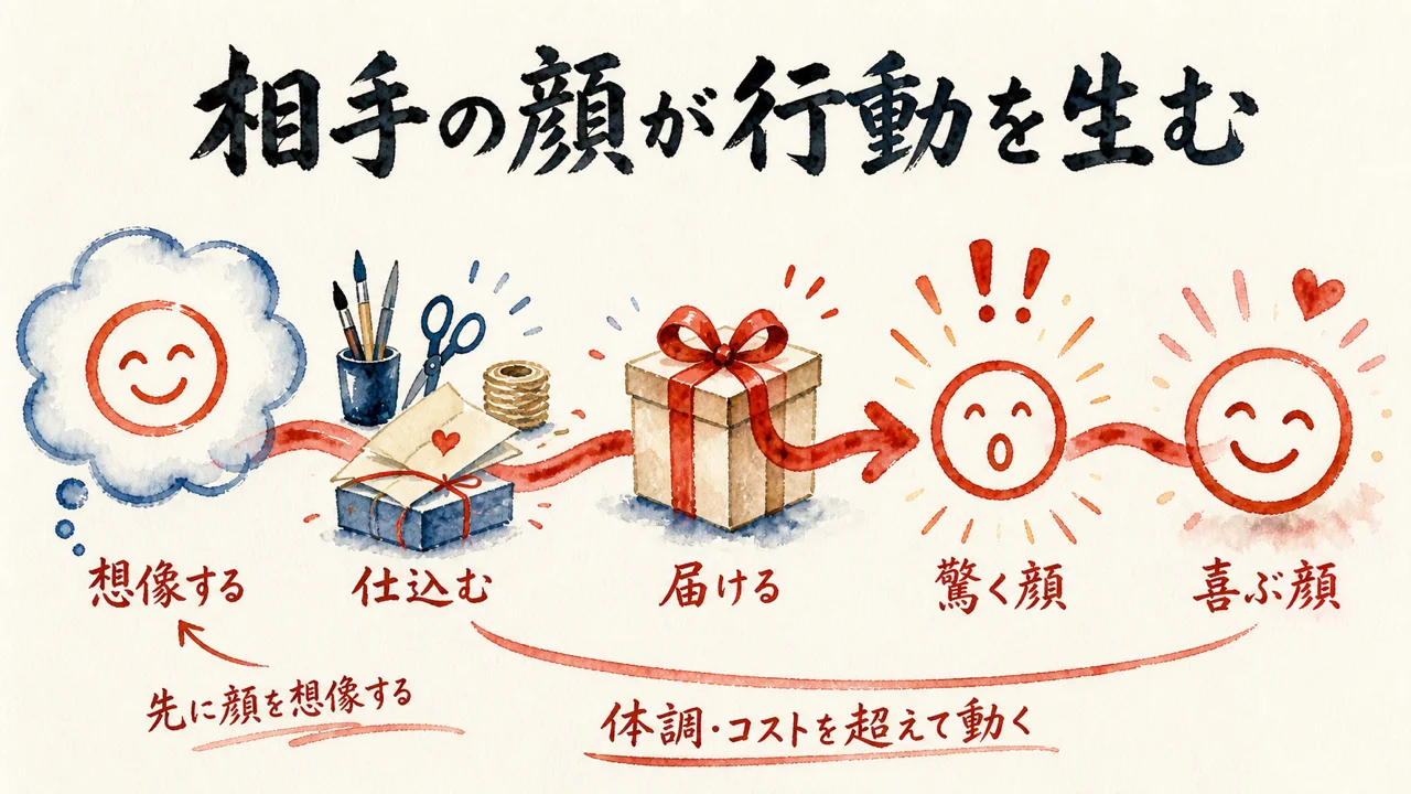 相手の顔を先に想像すると行動が生まれる——想像・仕込む・届ける・喜ぶの流れ図解