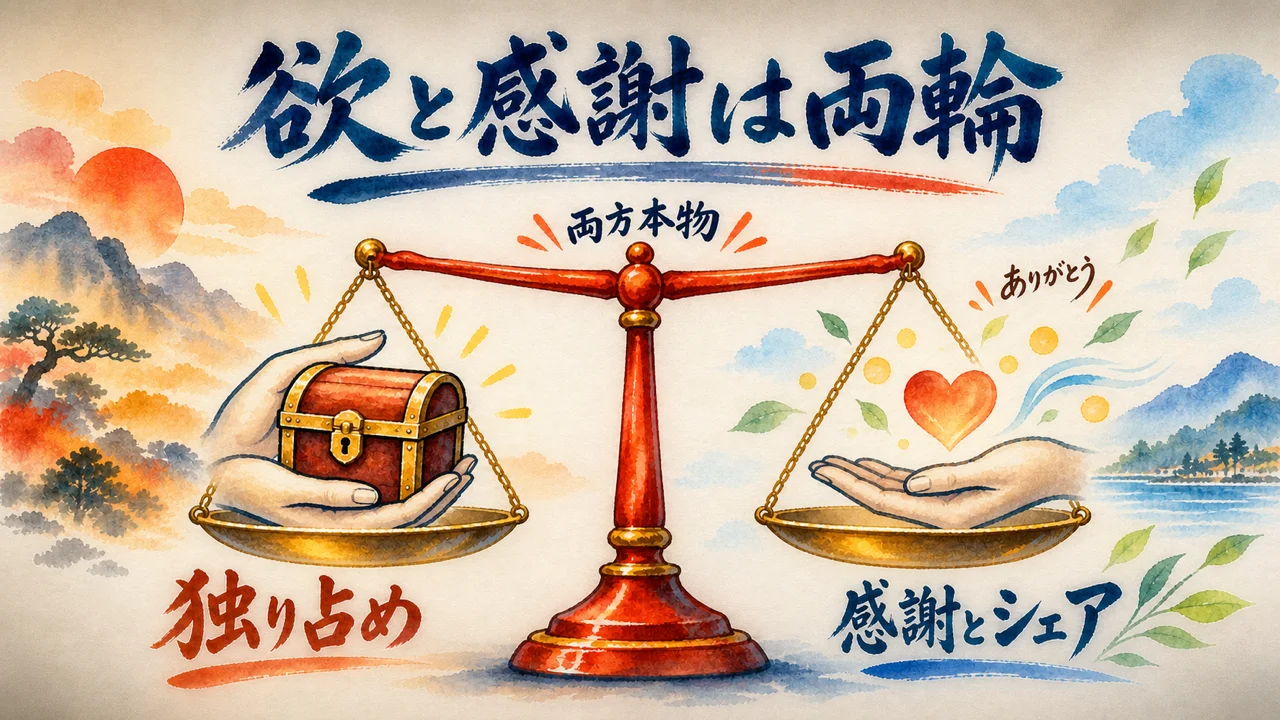 独り占めしたい欲とシェアしたい感謝は同居する——天秤の両輪の図解