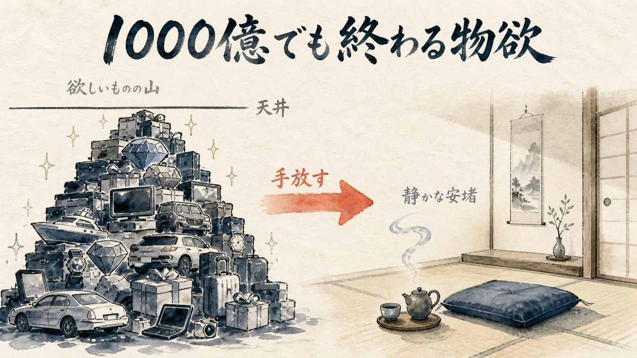 1000億あっても物欲はいつか終わる——欲しいものの山から静かな安堵への変化図解