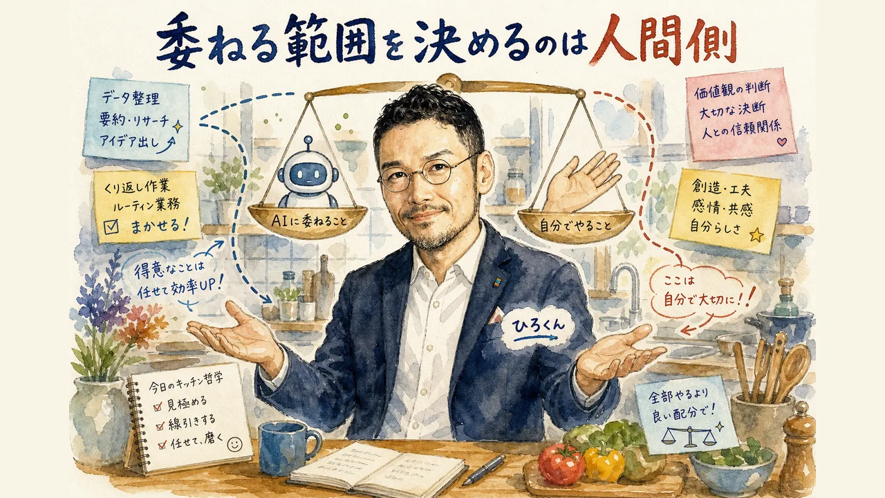 ひろくんがAIに委ねる部分と自分でやる部分の境界線を考えている様子のひろくんコラム図解