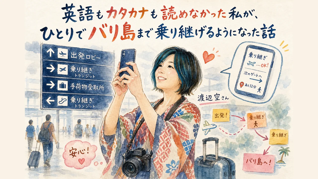 英語が読めない渡辺空さんがスマホでチャッピーに空港の写真を見せて道を聞いている図解