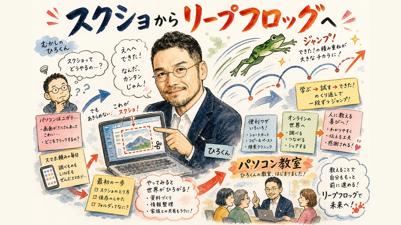 ひろくんがカエルの跳躍で表現されたリープフロッグ理論を語る図解