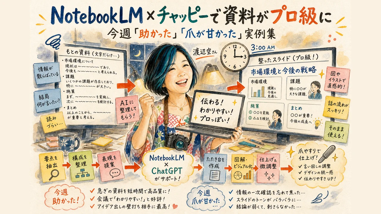 渡辺空さんがNotebookLMとチャッピーを使い分けて資料を作る様子の図解