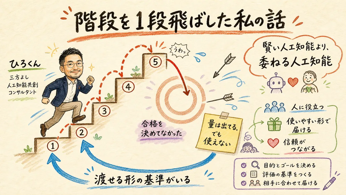 ひろくんが1段目から自動化へ飛び級して落ち、1段下へ戻る様子を描いた図解