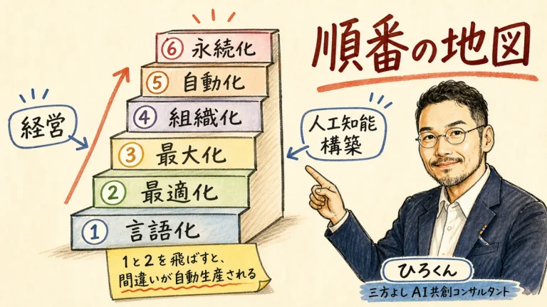 経営の6段とAI構築の6段を1本の階段として描き、ひろくんが解説するグラレコ風アイキャッチ