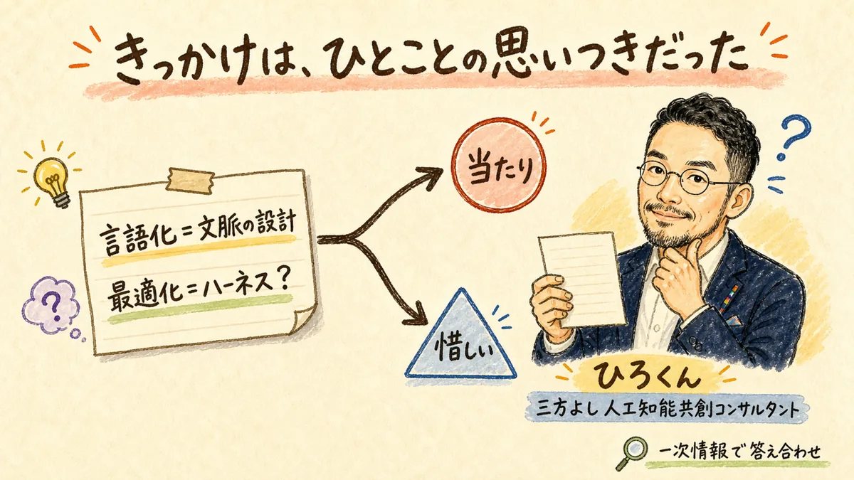 1行のメモから当たりと惜しいに分かれる様子を、ひろくんが示している図解