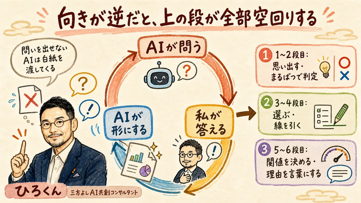 AIが問い、人が答え、AIが形にする循環と、段ごとの答え方の変化を示した図解