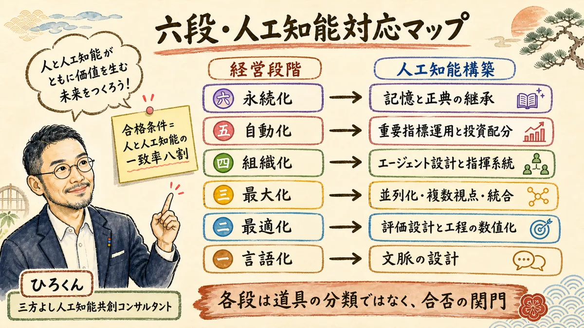 MBSの6段とAI構築側の対応を左右2列で並べ、ひろくんが解説する対応マップの図解