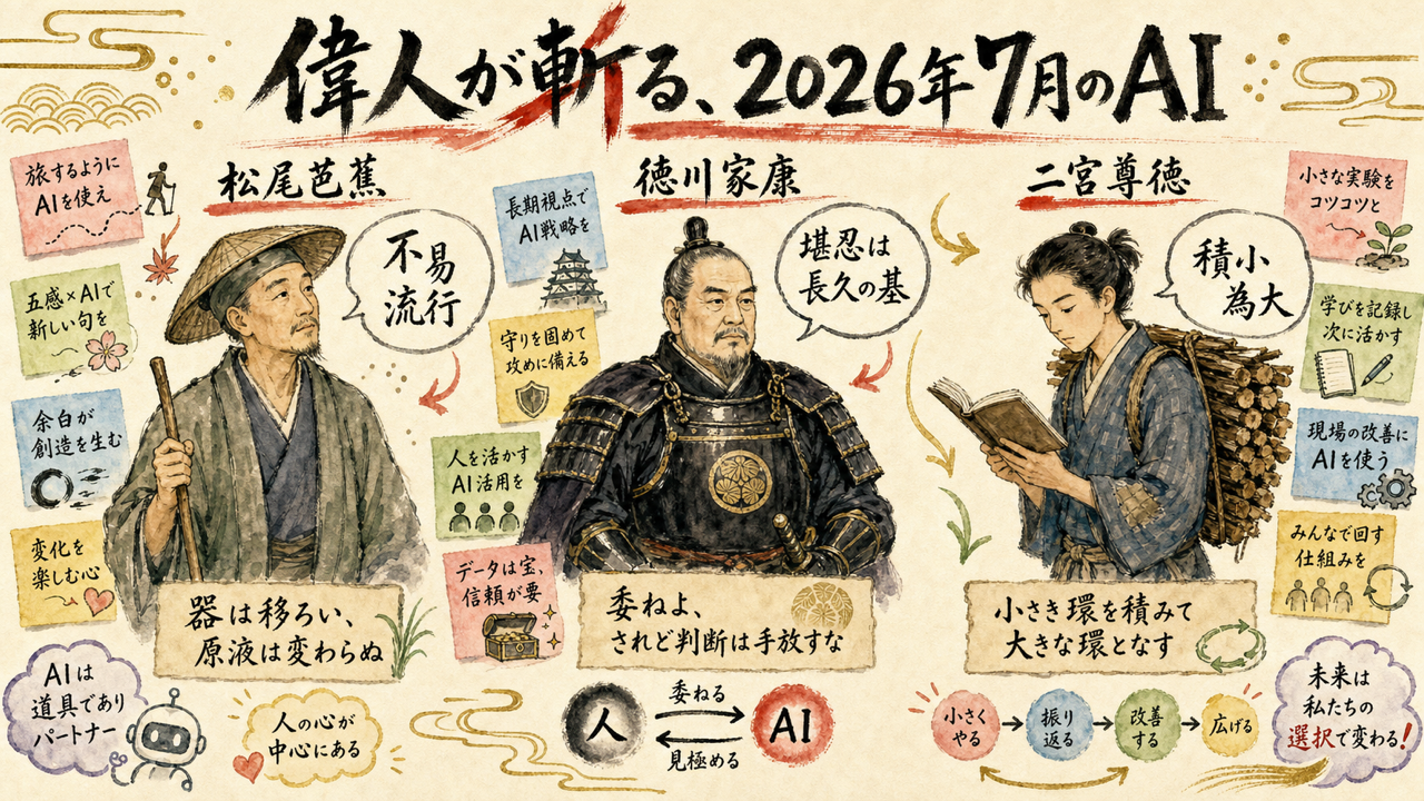 偉人が斬る2026年7月 松尾芭蕉 徳川家康 二宮尊徳 グラフィックレコーディング図解