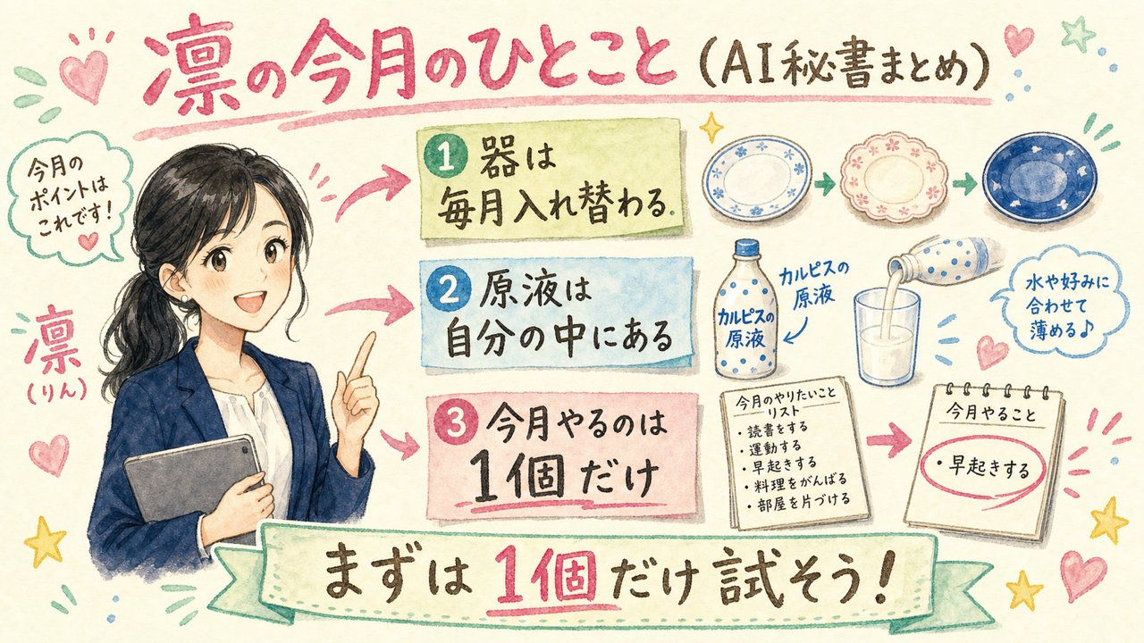 凛の今月のひとこと AI秘書まとめ グラフィックレコーディング図解