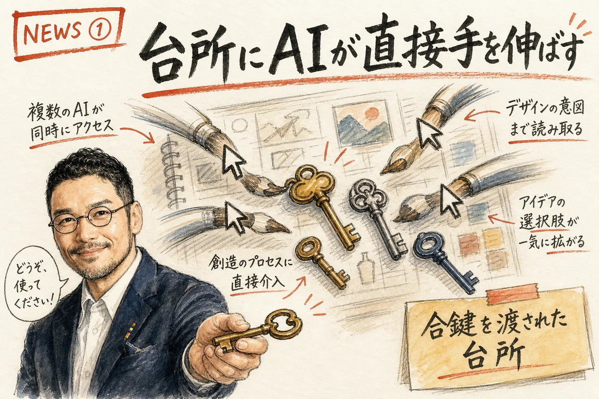 デザイン画面の輪郭と鍵が並び、絵筆のようなカーソルが複数同時に動いているイメージ図解