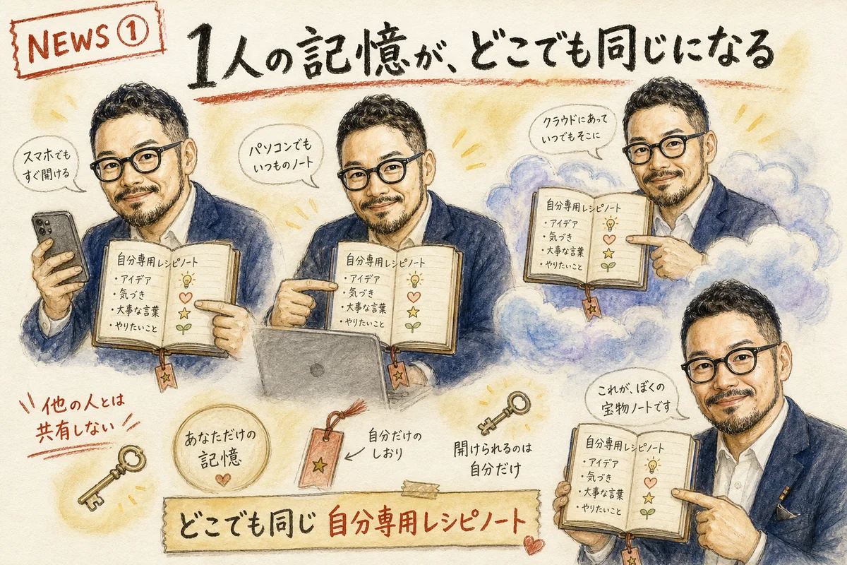 同じひろくんの分身がスマホ・パソコン・クラウドのどこでも同じ1冊のノートを指差しているイメージ図解