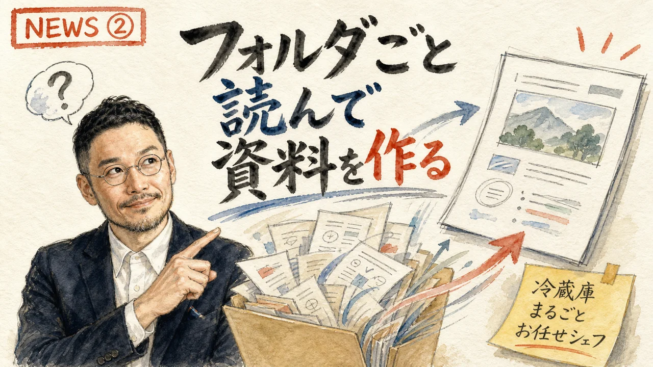 開いたフォルダの中の書類が束になって1枚のプレゼン資料に変わっていくイメージ図解