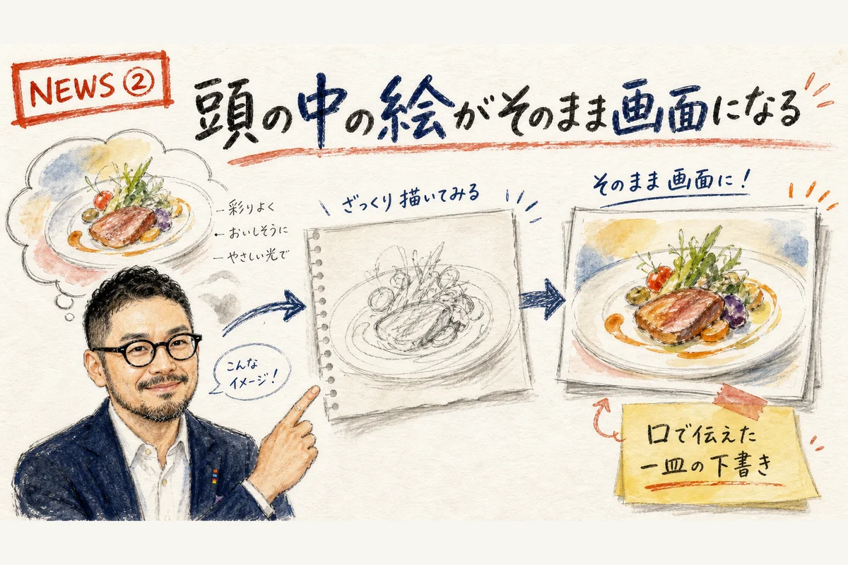 頭の中のラフスケッチが画面のデザイン案に変わっていくイメージ図解