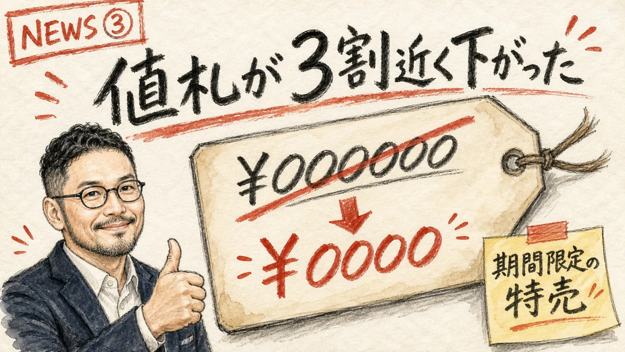 大きな値札に斜線が引かれて安い値段が手描きで書き直されているイメージ図解