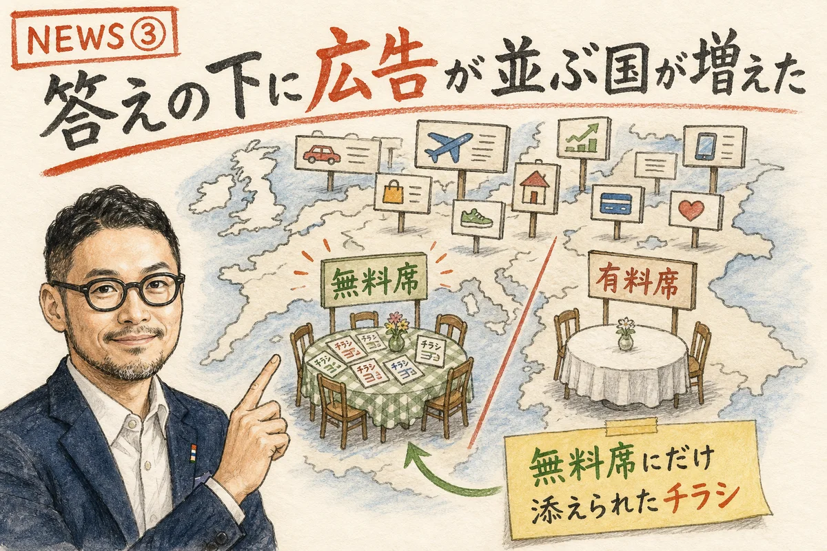 欧州の地図の上に小さな看板が並び、無料席と有料席に分かれた食卓のイメージ図解
