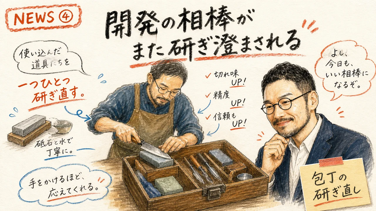 職人が道具箱の中身を1つずつ研ぎ直しているイメージ図解