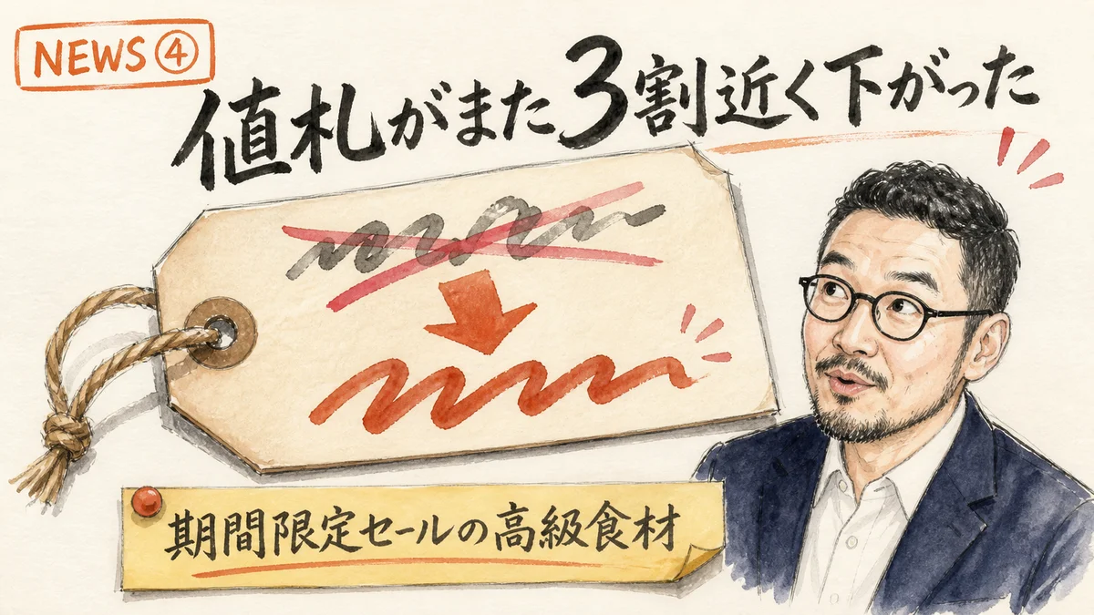 大きな値札に斜線が引かれて安い値段が手描きで書き直されているイメージ図解