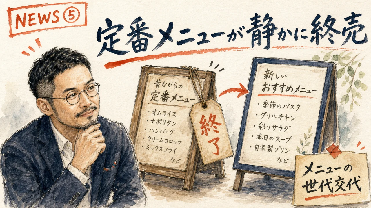 古い看板メニューに終了の札がかけられ、隣に新しいメニューが並んでいるイメージ図解