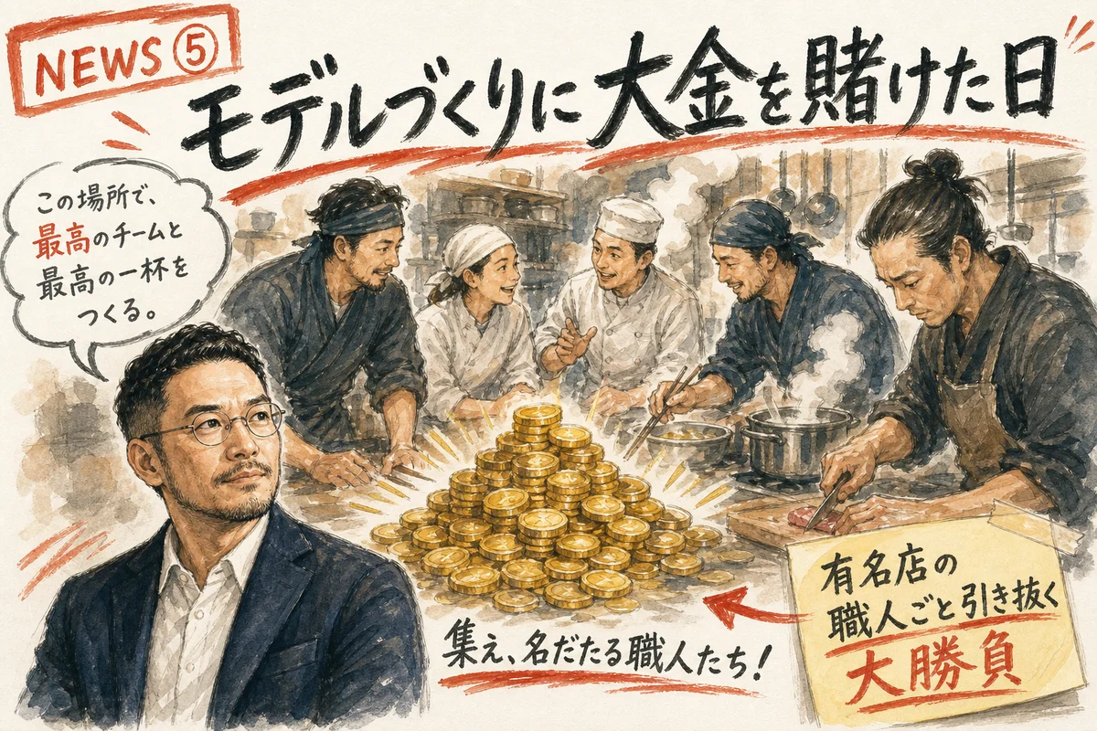金貨の山のそばで職人たちが1つの厨房に集まっていくイメージ図解