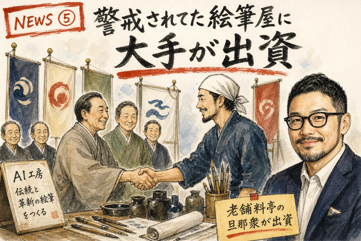 レコード会社のロゴが並ぶ投資家席の前で、AIスタジオの職人が資金を受け取っているイメージ図解