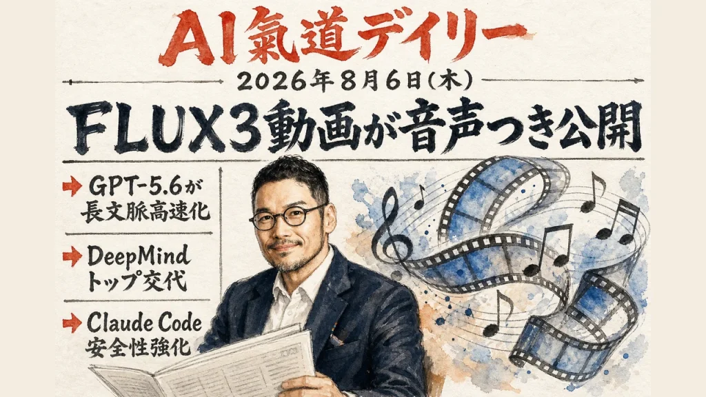 AI氣道デイリー新聞風アイキャッチ：FLUX3動画が音声つき公開・GPT-5.6高速化・DeepMindトップ交代・Claude Code安全性強化