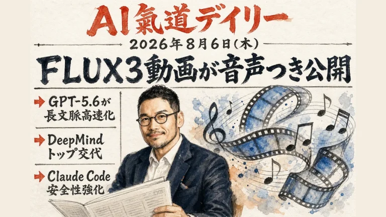 AI氣道デイリー新聞風アイキャッチ：FLUX3動画が音声つき公開・GPT-5.6高速化・DeepMindトップ交代・Claude Code安全性強化