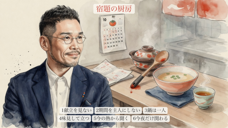 親子の宿題を厨房に例えた全体図。献立表を先に書くとやる気は消え、鍋の担当は子ども一人、親は場と味見だけを残す
