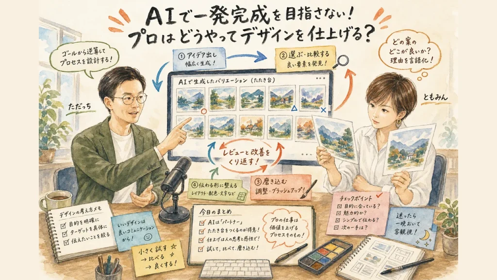 ただっちとともみんがAI画像デザインについて語る朝LIVEのイメージイラスト