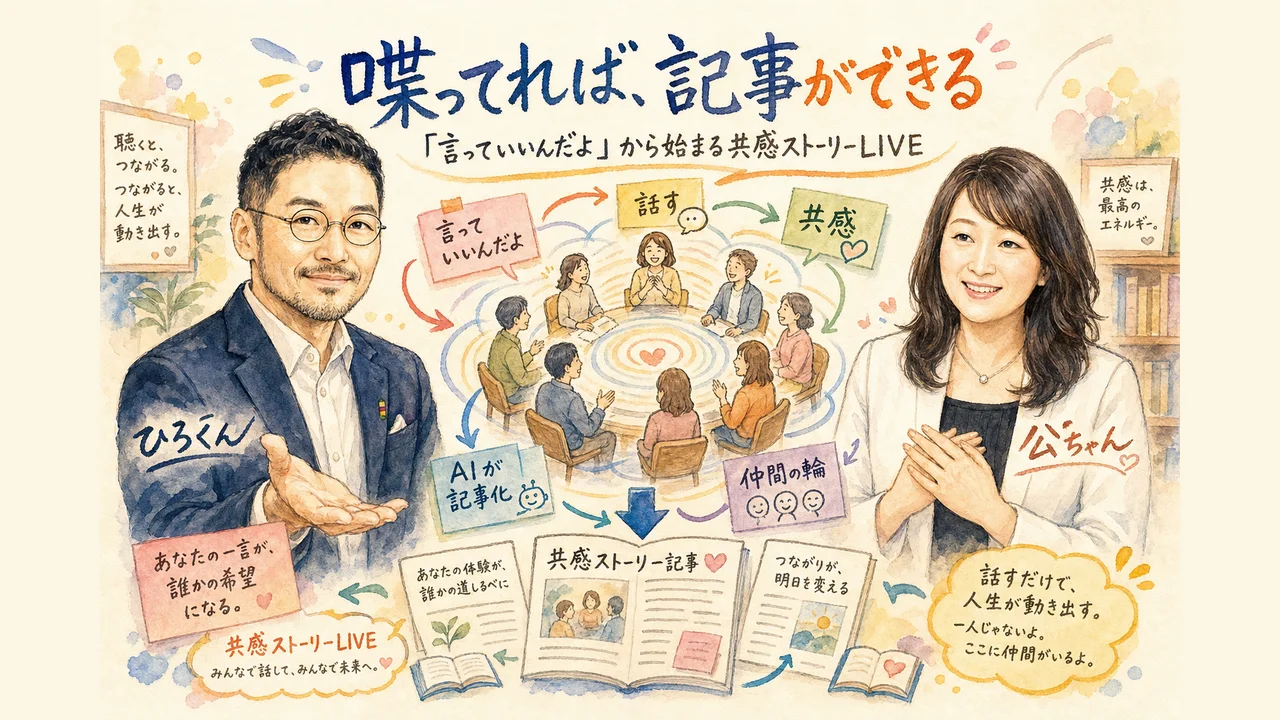 「喋ってれば、記事ができる」共感ストーリーLIVEの全体像グラレコ：「言っていいんだよ」から話す・共感・AIが記事化・仲間の輪へつながる流れをひろくんと公ちゃんが囲むイラスト