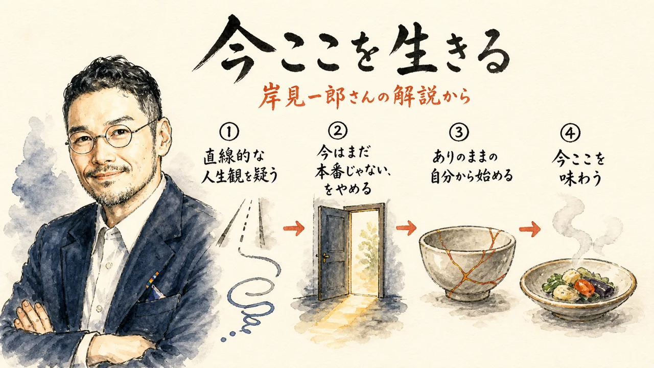 記事全体図解——直線的な人生観を疑う・今はまだ本番じゃないをやめる・ありのままから始める・今ここを味わう