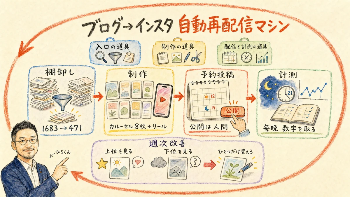 ブログからインスタへの自動再配信マシンの全体像を示したグラフィックレコーディング