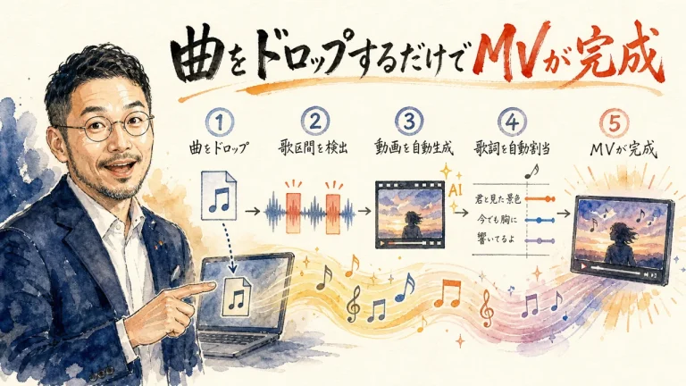 曲をドロップするだけでMVが完成する全体図。CloseBoxの5工程をひろくんが解説