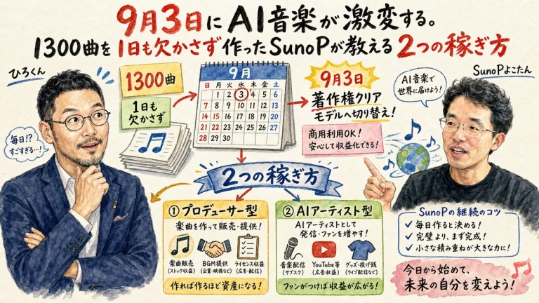 ひろくんとSunoPよこたんがAI音楽の稼ぎ方を語る全体図解