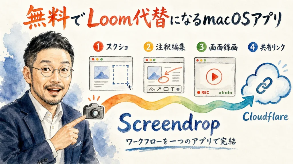 無料でLoom代替になるmacOSアプリScreendropの全体図。スクショ・注釈編集・録画・共有リンクの流れをひろくんが解説