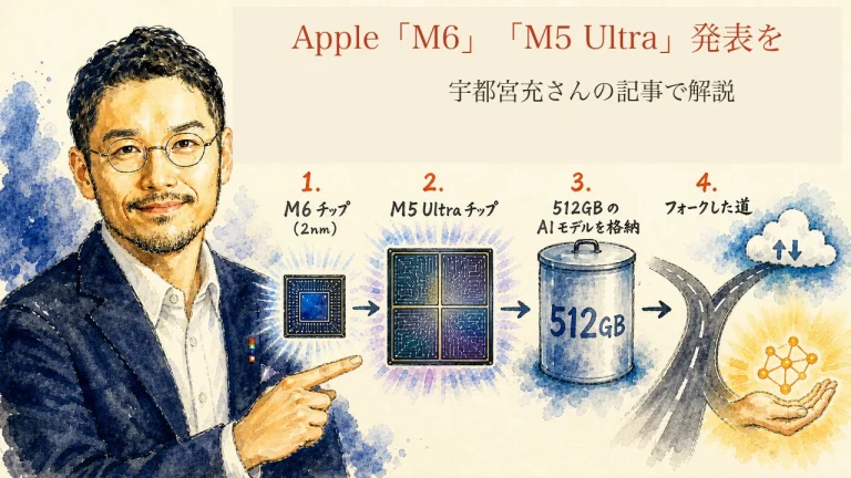 Apple M6・M5 Ultra発表を読み解く全体図。ひろくんがクラウドからローカルAIへの選択肢を指し示す図解