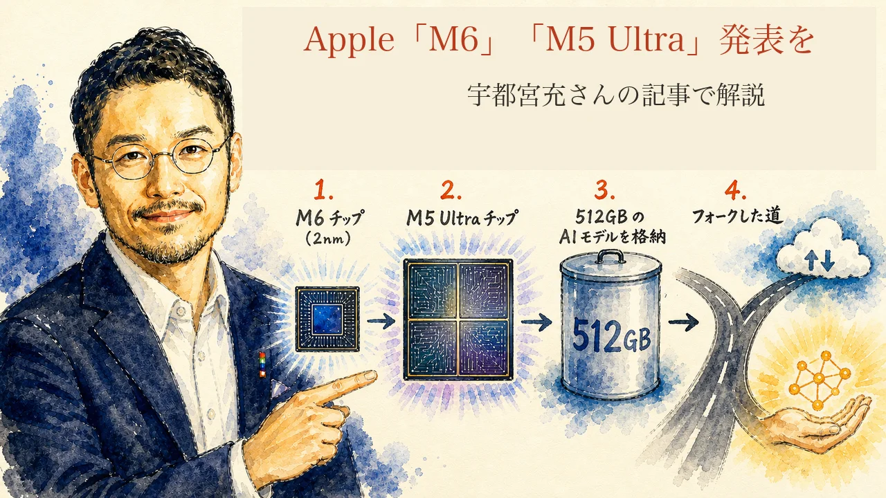 AppleのM6・M5 Ultra発表とローカルAI活用の広がりを示す図解
