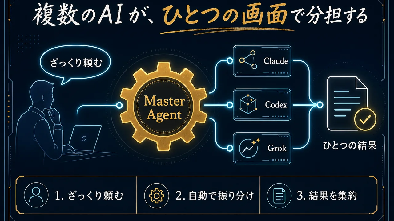 ざっくり頼むとMaster Agentが向いているAIへ自動で振り分け、ひとつの結果に集約する流れ図