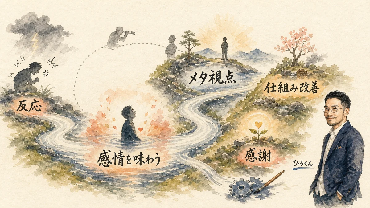感情を味わうとメタ視点が立ち上がる——反応から仕組み改善と感謝へ流れる全体図解