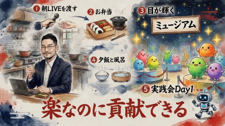 8月19日の並び。朝LIVEを渡して弁当、ミュージアムで輝き、夕飯と風呂、実践会Day1