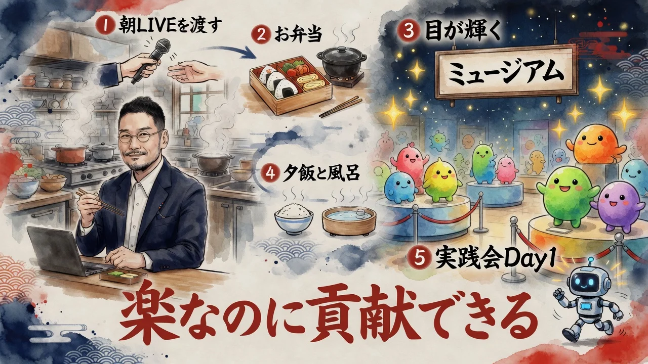 8月19日の並び。朝LIVEを渡して弁当、ミュージアムで輝き、夕飯と風呂、実践会Day1