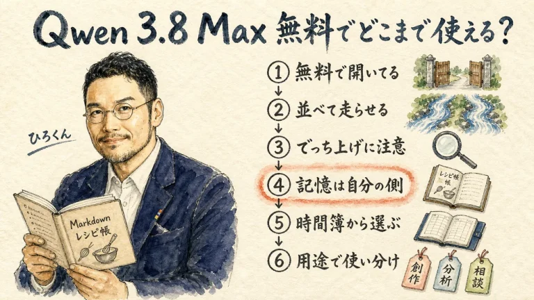 Qwen 3.8 Max 無料でどこまで使える？——記事の全体図（アイキャッチ）